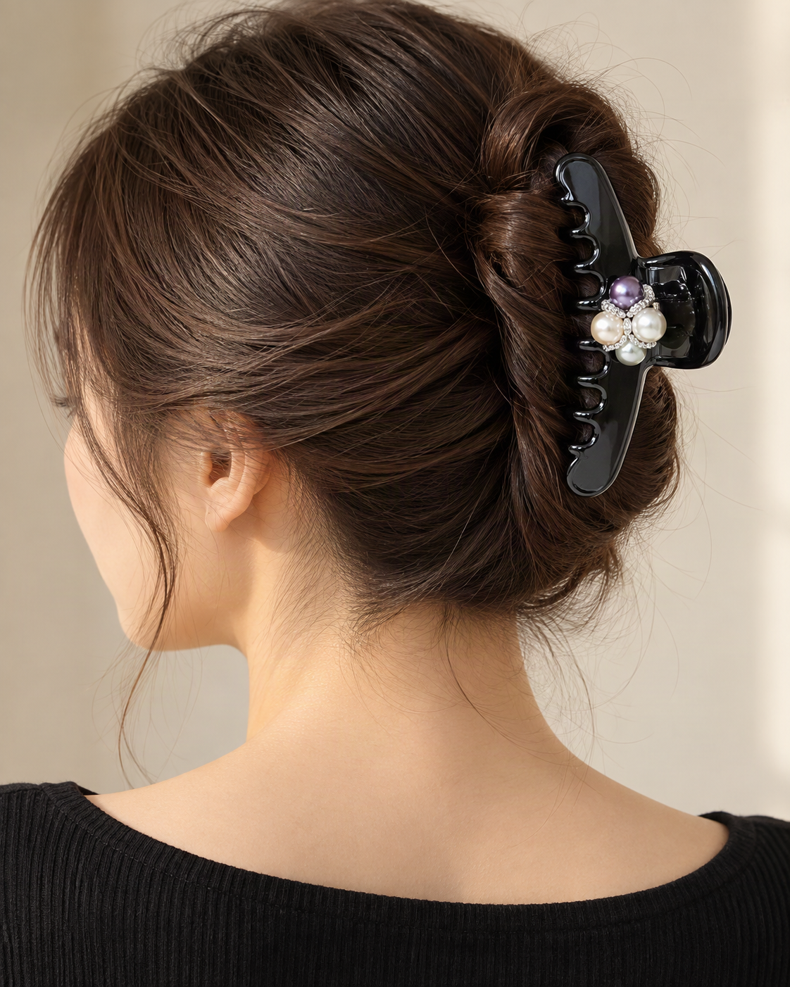 Cellulose Acetate Claw Clip with Faux Pearl Butterfly — worn in natural hair at realistic scale [FITINY Hair]