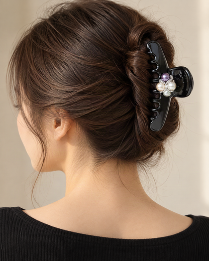 Cellulose Acetate Claw Clip with Faux Pearl Butterfly — worn in natural hair at realistic scale [FITINY Hair]