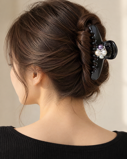 Cellulose Acetate Claw Clip with Faux Pearl Butterfly — worn in natural hair at realistic scale [FITINY Hair]