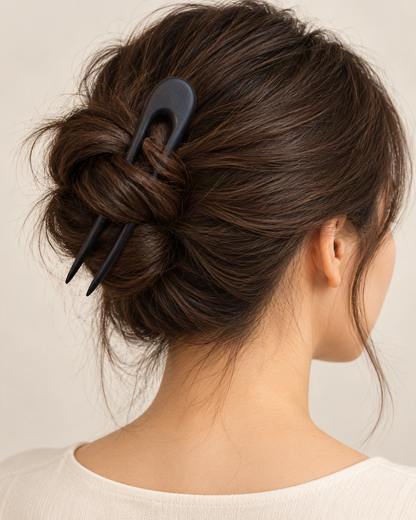 Crescent Double-Prong Wooden Hair Fork — worn in natural hair at realistic scale [FITINY Hair]