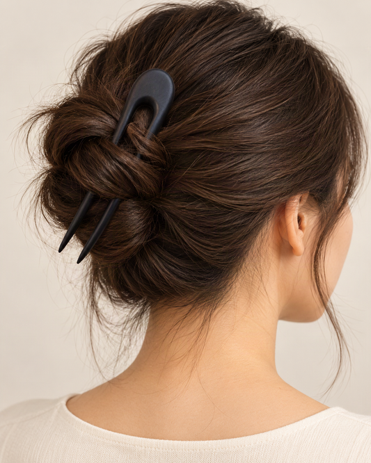Crescent Double-Prong Wooden Hair Fork — worn in natural hair at realistic scale [FITINY Hair]