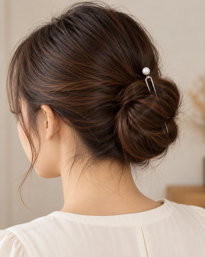 Faux Pearl Silver-Tone Metal U-Pin Hair Fork — worn in natural hair at realistic scale [FITINY Hair]