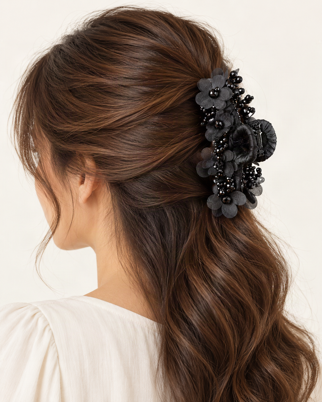 Large Crystal Flower Claw Clip — shown worn in natural hair to show placement and scale [FITINY Hair model]