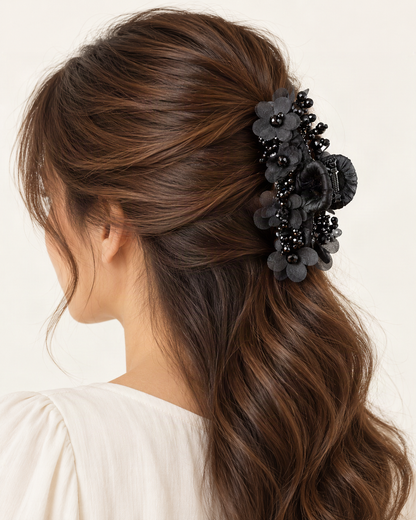Large Crystal Flower Claw Clip — shown worn in natural hair to show placement and scale [FITINY Hair model]