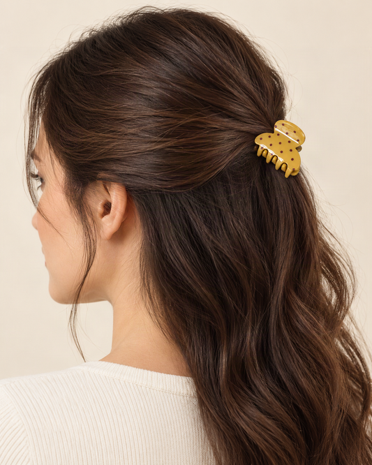 Polka Dot Acetate Mini Claw Clip — worn in natural hair at realistic scale [FITINY Hair]