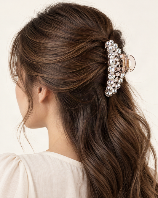 Crystal Rhinestone Large Beaded-Edge Claw Clip — shown worn in natural hair to show placement and scale [FITINY Hair model]