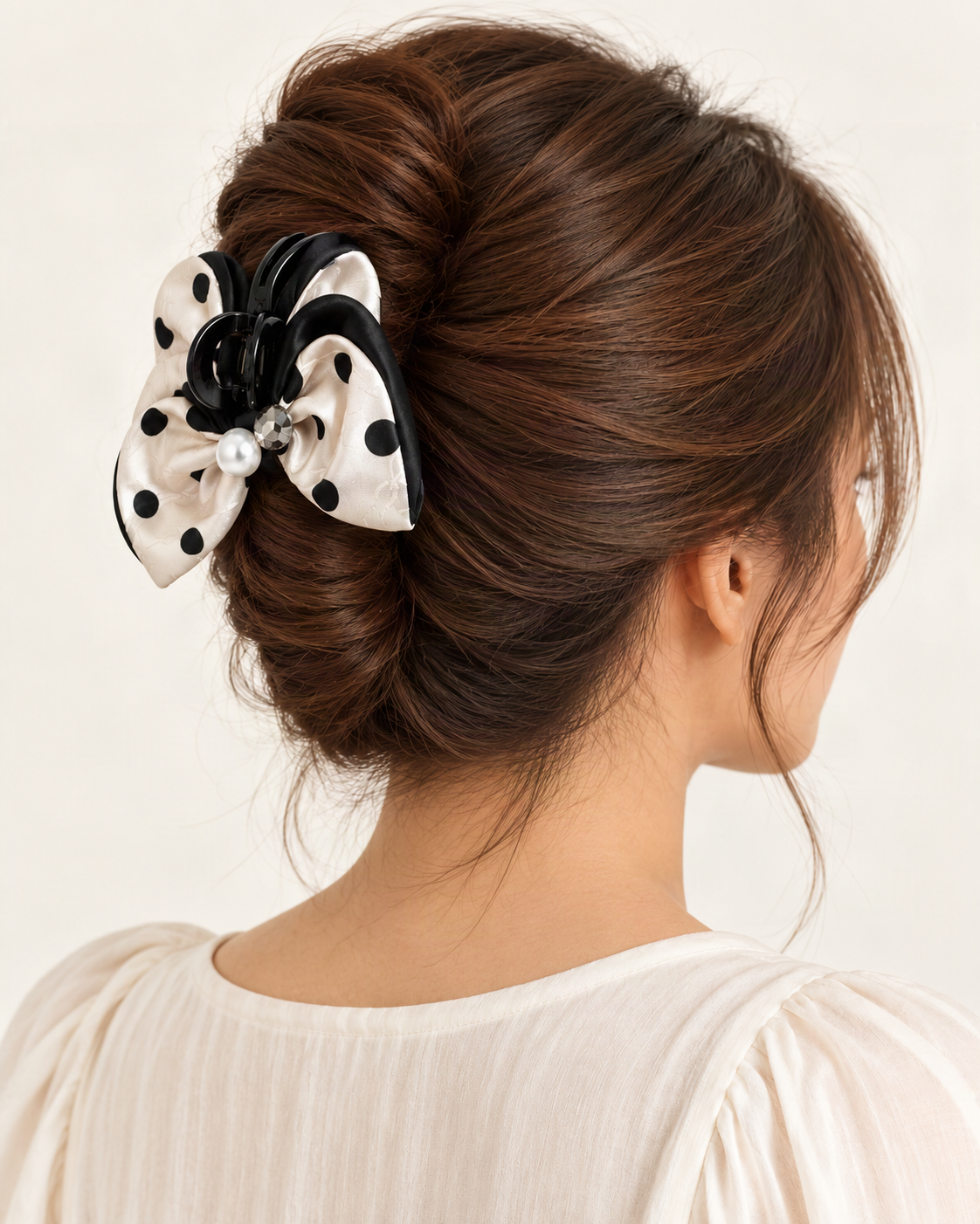 Satin Rhinestone Faux Pearl Polka Dot Bow Claw Clip — shown worn in natural hair to show placement and scale [FITINY Hair model]