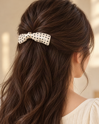 Cellulose Acetate Polka Dot Bow Side Comb — worn in natural hair at realistic scale [FITINY Hair]
