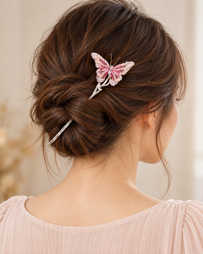 Embroidered Butterfly Metal Hair Stick — worn in natural hair at realistic scale [FITINY Hair]