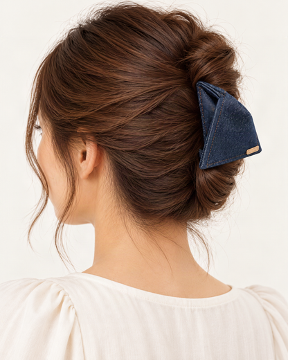 Denim Triangle Hair Claw Clip — shown worn in natural hair to show placement and scale [FITINY Hair model]