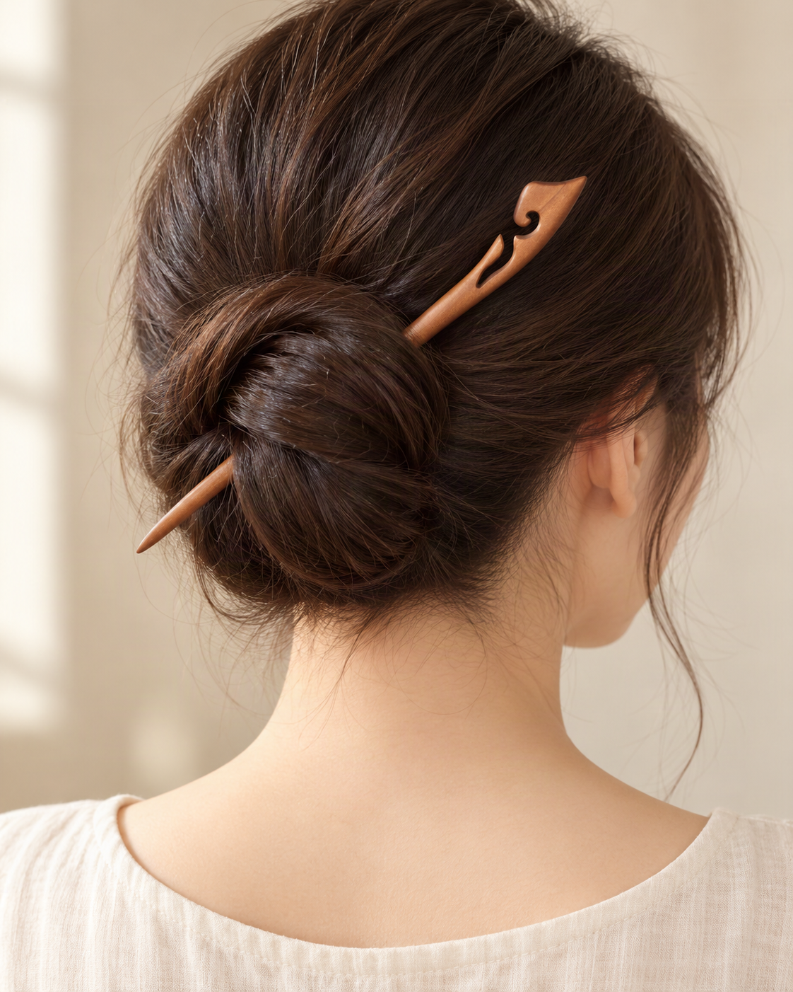 Carved Wood Hair Stick with Crescent Moon Design — worn in natural hair at realistic scale [FITINY Hair]