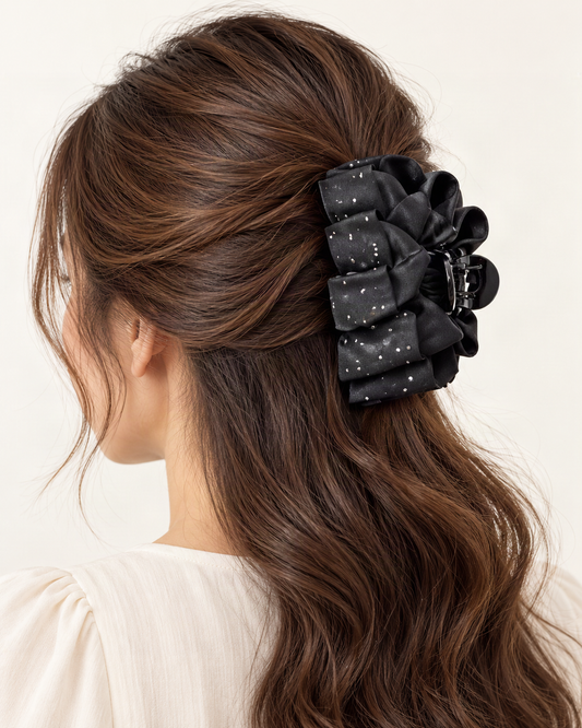 Satin Large Claw Clip with Rhinestone Starry Speckles — shown worn in natural hair to show placement and scale [FITINY Hair model]