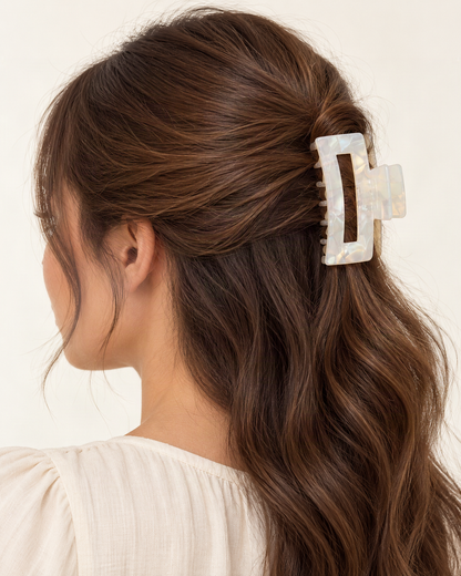 Cellulose Acetate Square Claw Clip — shown worn in natural hair to show placement and scale [FITINY Hair model]