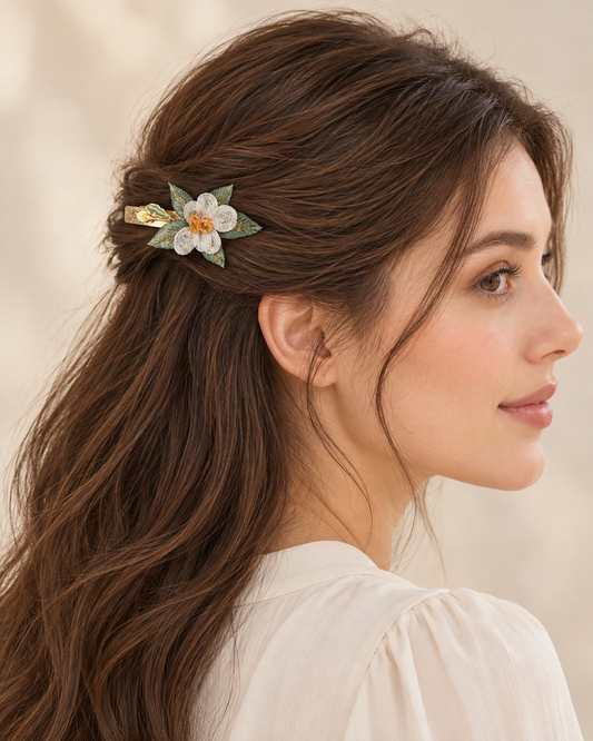 Rose Hair Clip with Embroidered Leaves — worn in natural hair at realistic scale [FITINY Hair]