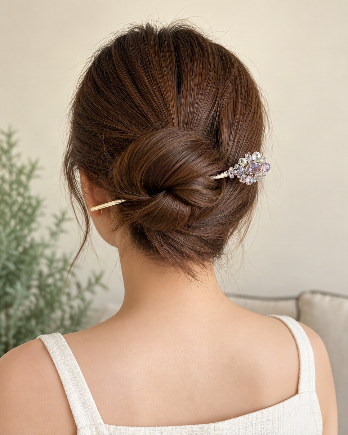Crystal Floral Hair Stick in Gold Tone — worn in natural hair at realistic scale [FITINY Hair]