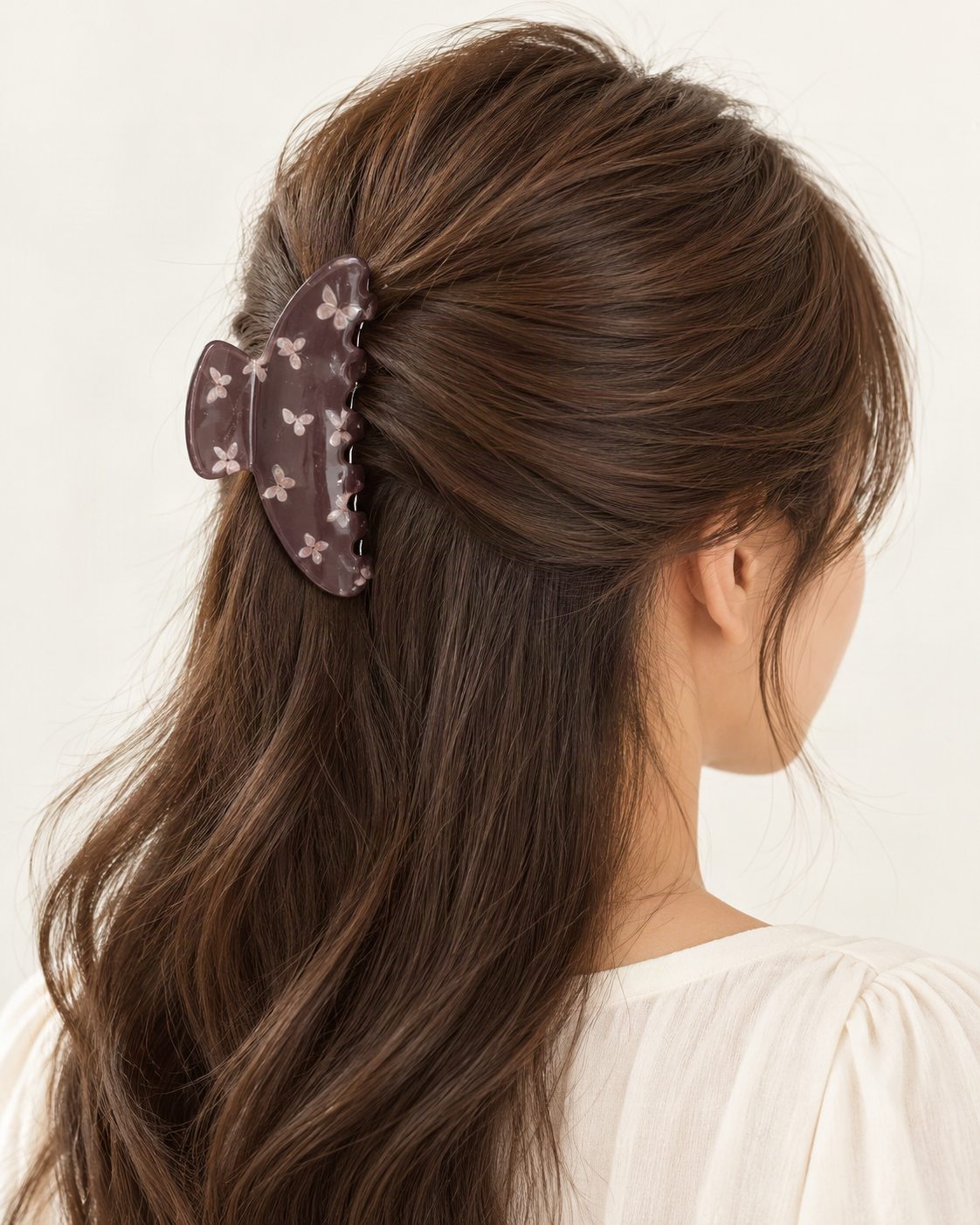Butterfly Print Acrylic Long Arc Claw Clip — shown worn in natural hair to show placement and scale [FITINY Hair model]