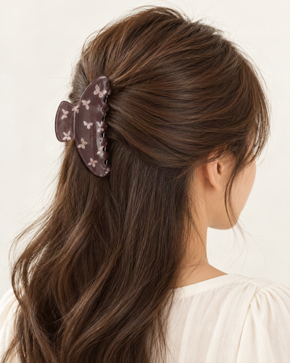 Butterfly Print Acrylic Long Arc Claw Clip — shown worn in natural hair to show placement and scale [FITINY Hair model]