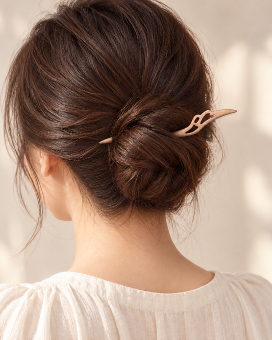 Carved Wood Feather Hair Stick — worn in natural hair at realistic scale [FITINY Hair]