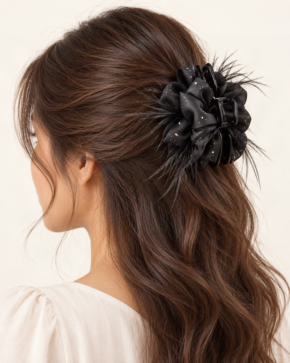 Feather Claw Clip with Baby's Breath Detail — shown worn in natural hair to show placement and scale [FITINY Hair model]