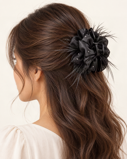 Feather Claw Clip with Baby's Breath Detail — shown worn in natural hair to show placement and scale [FITINY Hair model]