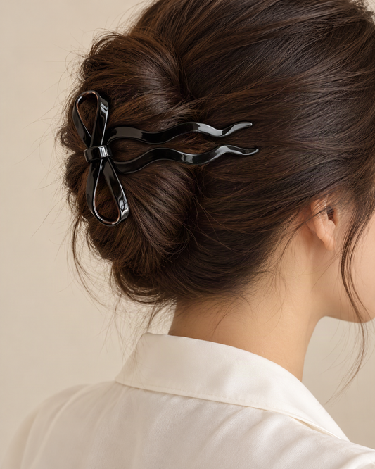 Acetate Bow U-Shaped Hair Pin — worn in natural hair at realistic scale [FITINY Hair]