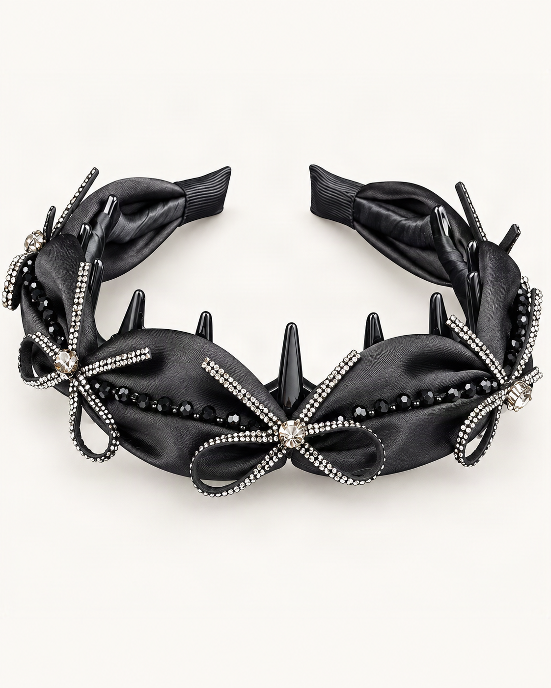 Satin Rhinestone Bow High Crown Toothed Headband — reverse view showing the visible construction [FITINY Hair structure]