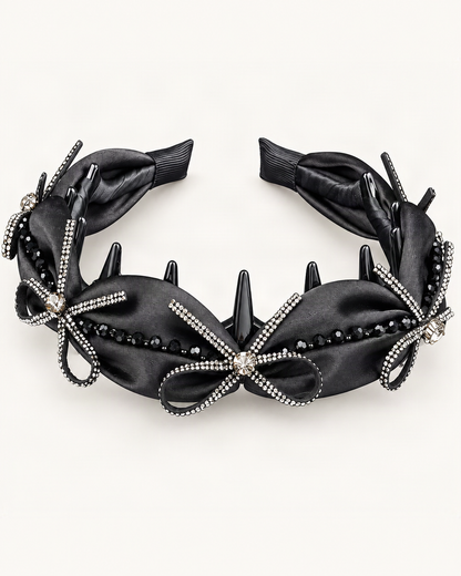 Satin Rhinestone Bow High Crown Toothed Headband — reverse view showing the visible construction [FITINY Hair structure]