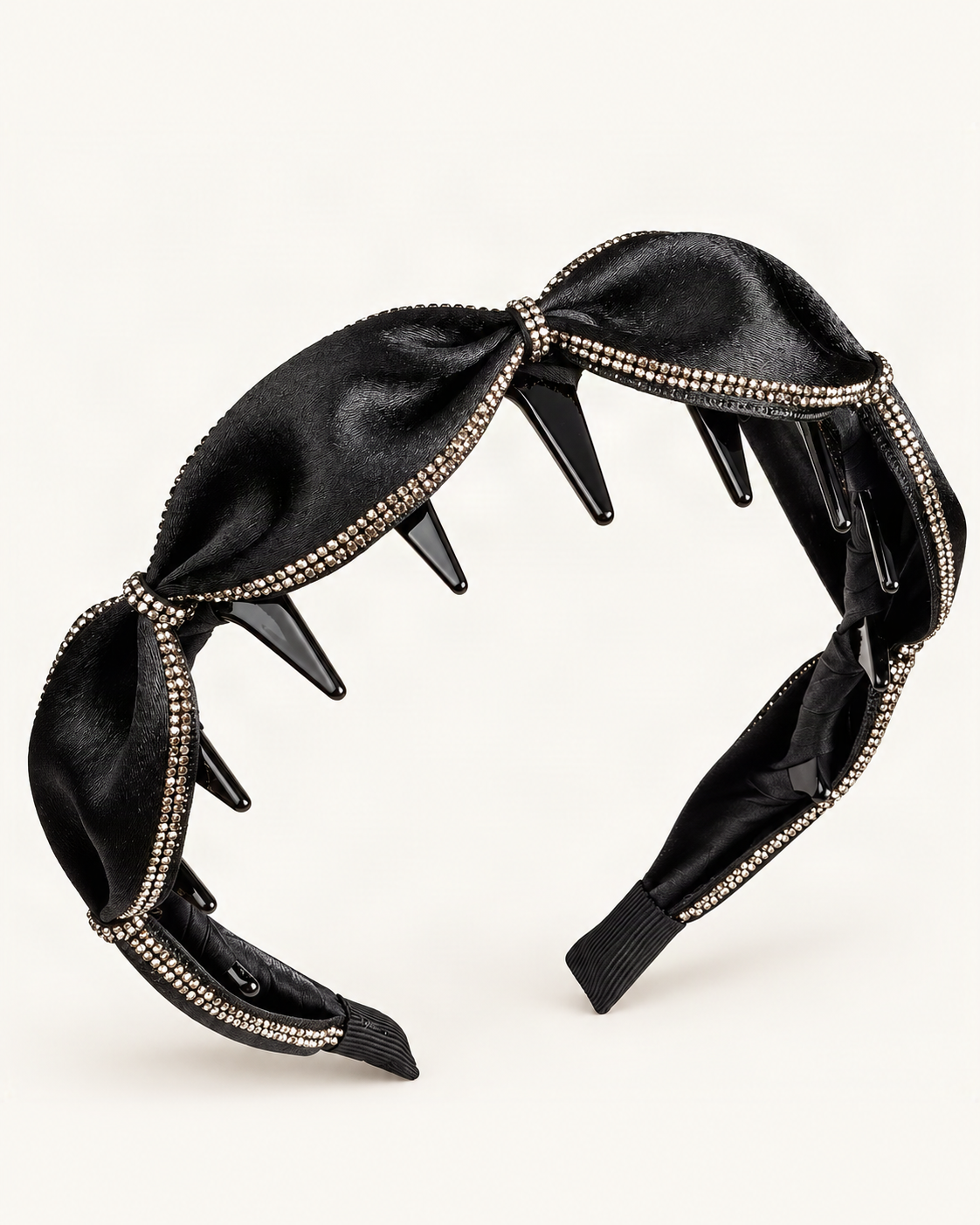 Satin Rhinestone Bow Headband with Toothed Lining — visible inner construction from supplier reference [FITINY Hair]