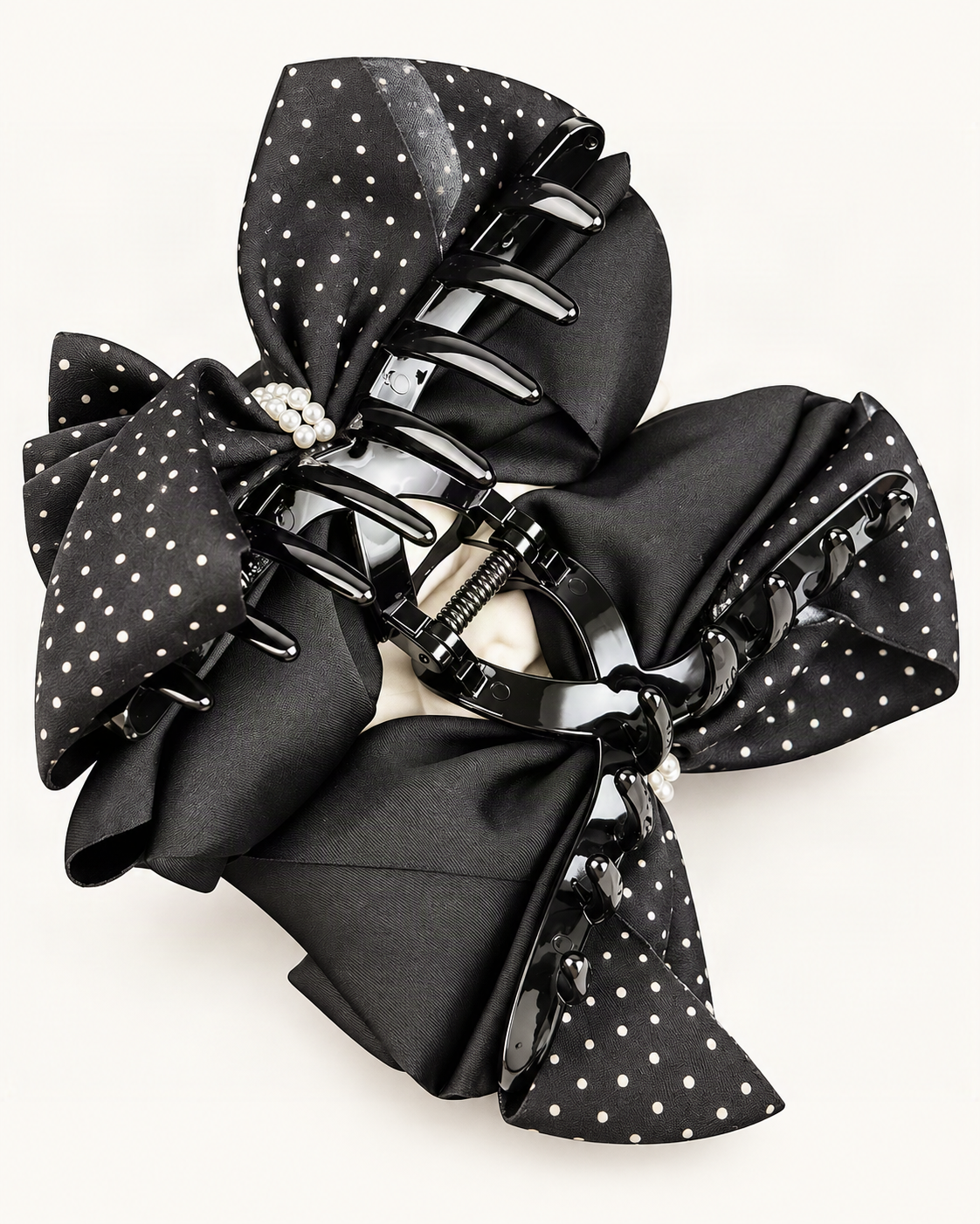 Polka Dot Bow Hair Claw Clip with Pearl Accent — reverse view showing the visible construction [FITINY Hair structure]