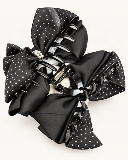 Polka Dot Bow Hair Claw Clip with Pearl Accent — reverse view showing the visible construction [FITINY Hair structure]