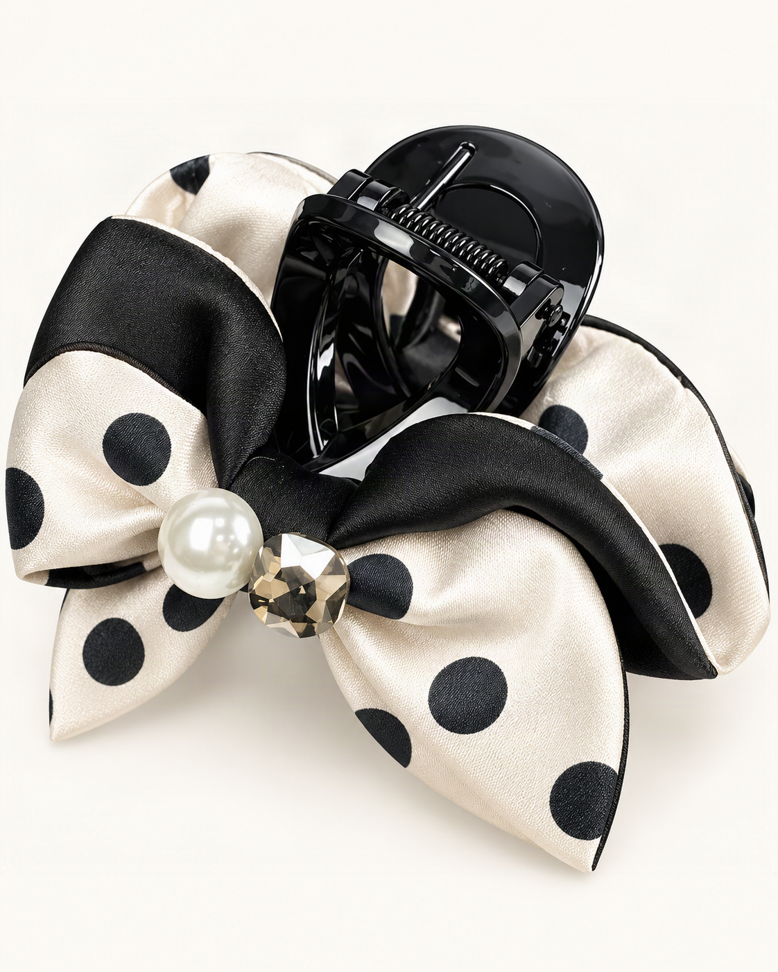 Satin Rhinestone Faux Pearl Polka Dot Bow Claw Clip — reverse view showing the visible construction [FITINY Hair structure]