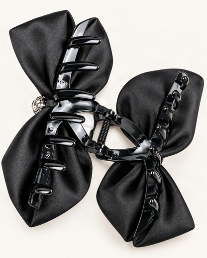 Large Satin Bow Claw Clip with Rhinestone Center — reverse view showing the visible construction [FITINY Hair structure]