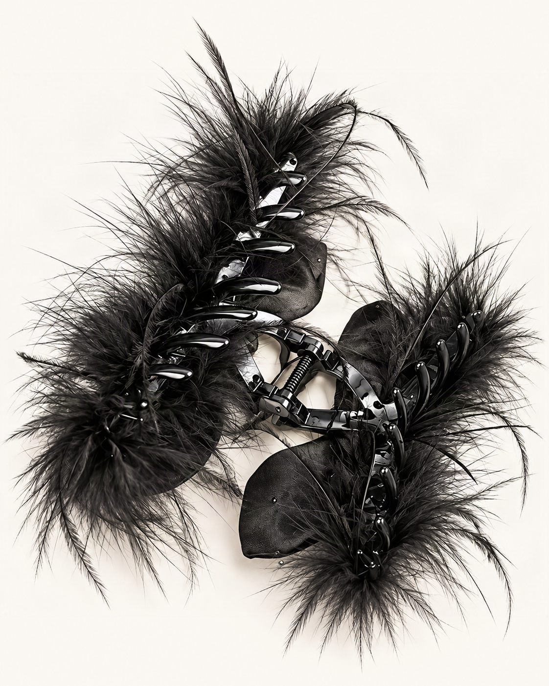 Ostrich Feather Rhinestone Satin Bow Hair Claw Clip — reverse view showing the visible construction [FITINY Hair structure]