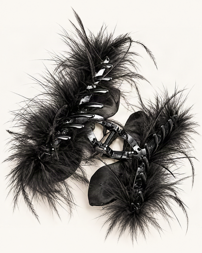 Ostrich Feather Rhinestone Satin Bow Hair Claw Clip — reverse view showing the visible construction [FITINY Hair structure]