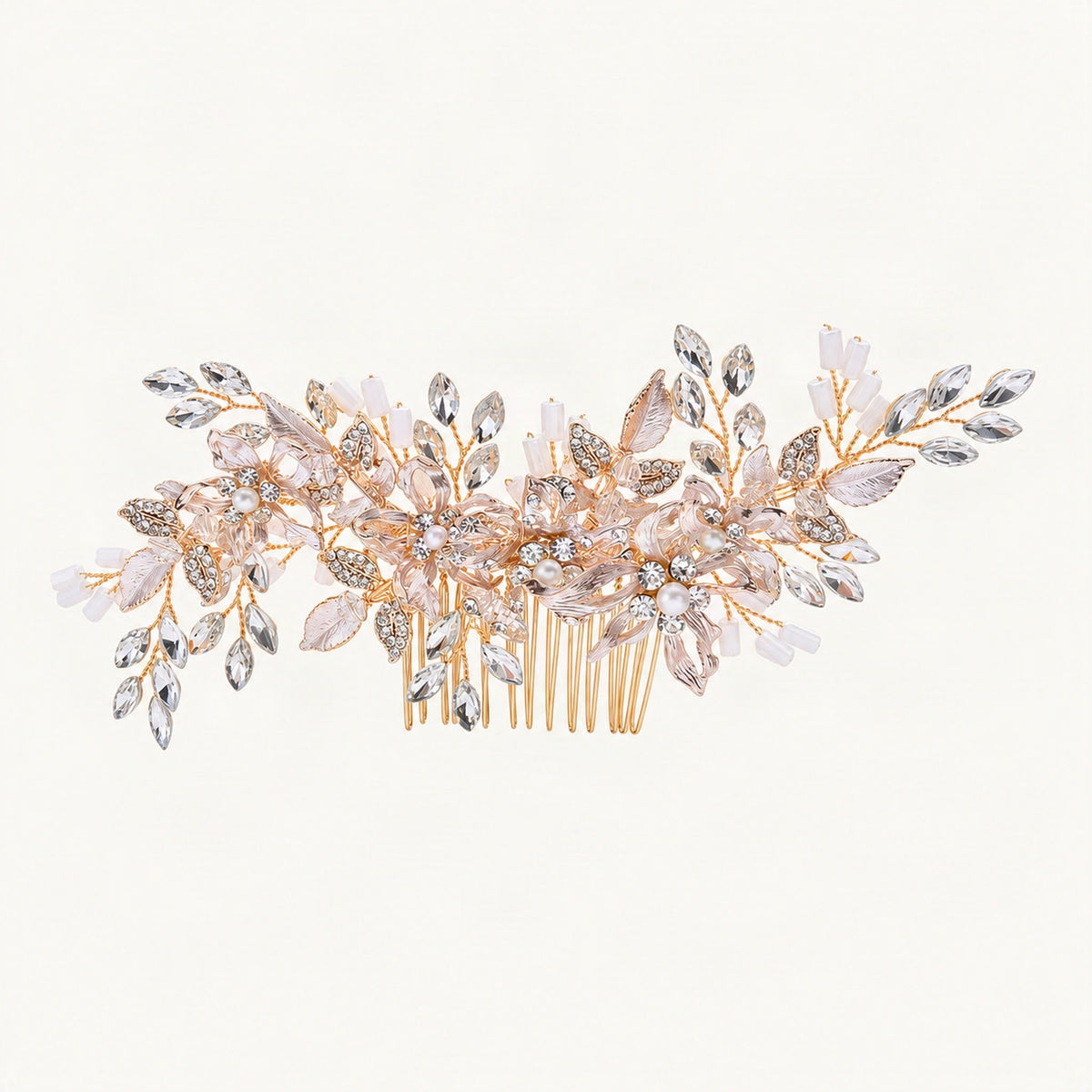 Gold floral crystal pearl bridal comb front main [FITINY Hair]