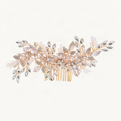 Gold floral crystal pearl bridal comb front main [FITINY Hair]