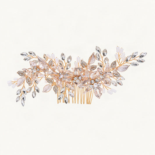 Gold floral crystal pearl bridal comb front main [FITINY Hair]