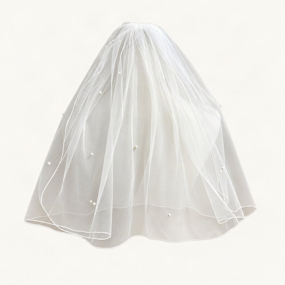 White double-layer pearl bridal veil full front main [FITINY Hair]