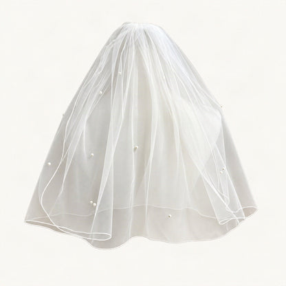 White double-layer pearl bridal veil full front main [FITINY Hair]