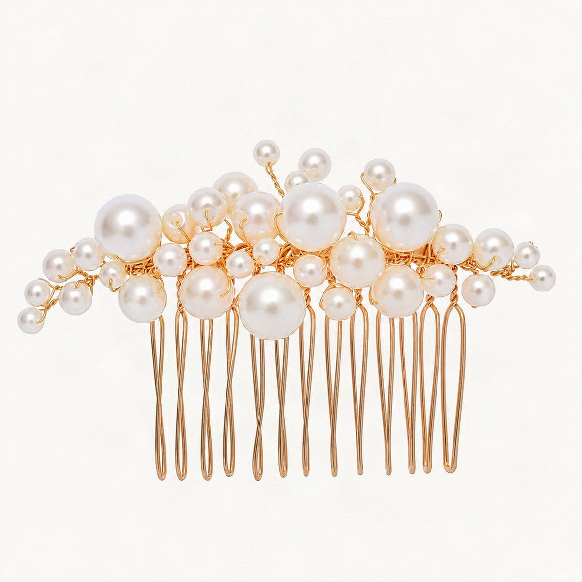 Large gold faux pearl bridal hair comb - front [FITINY Hair]