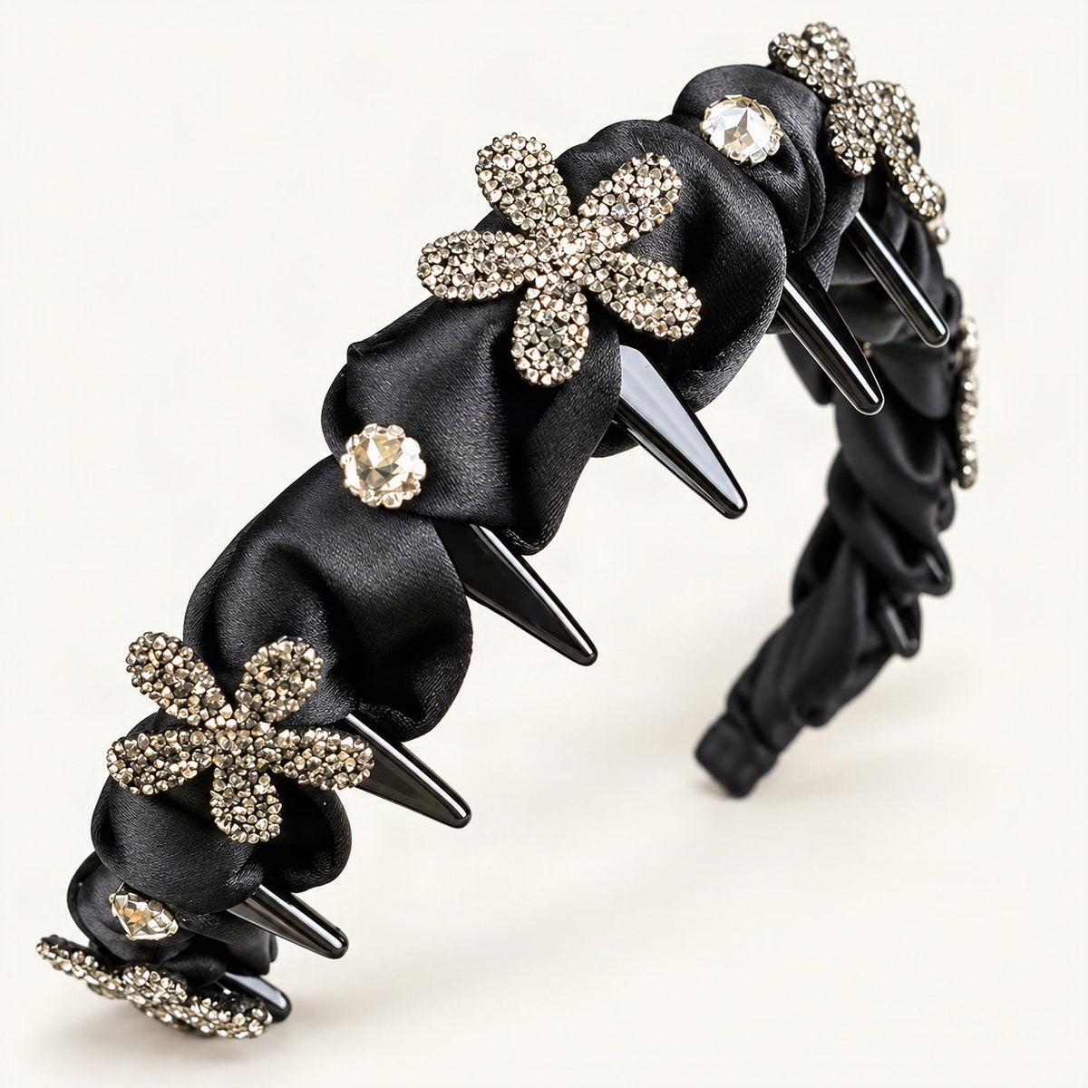 Gathered Satin Rhinestone Flower Headband in Black, inner teeth detail [FITINY Hair]