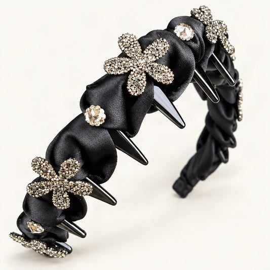Gathered Satin Rhinestone Flower Headband in Black, inner teeth detail [FITINY Hair]