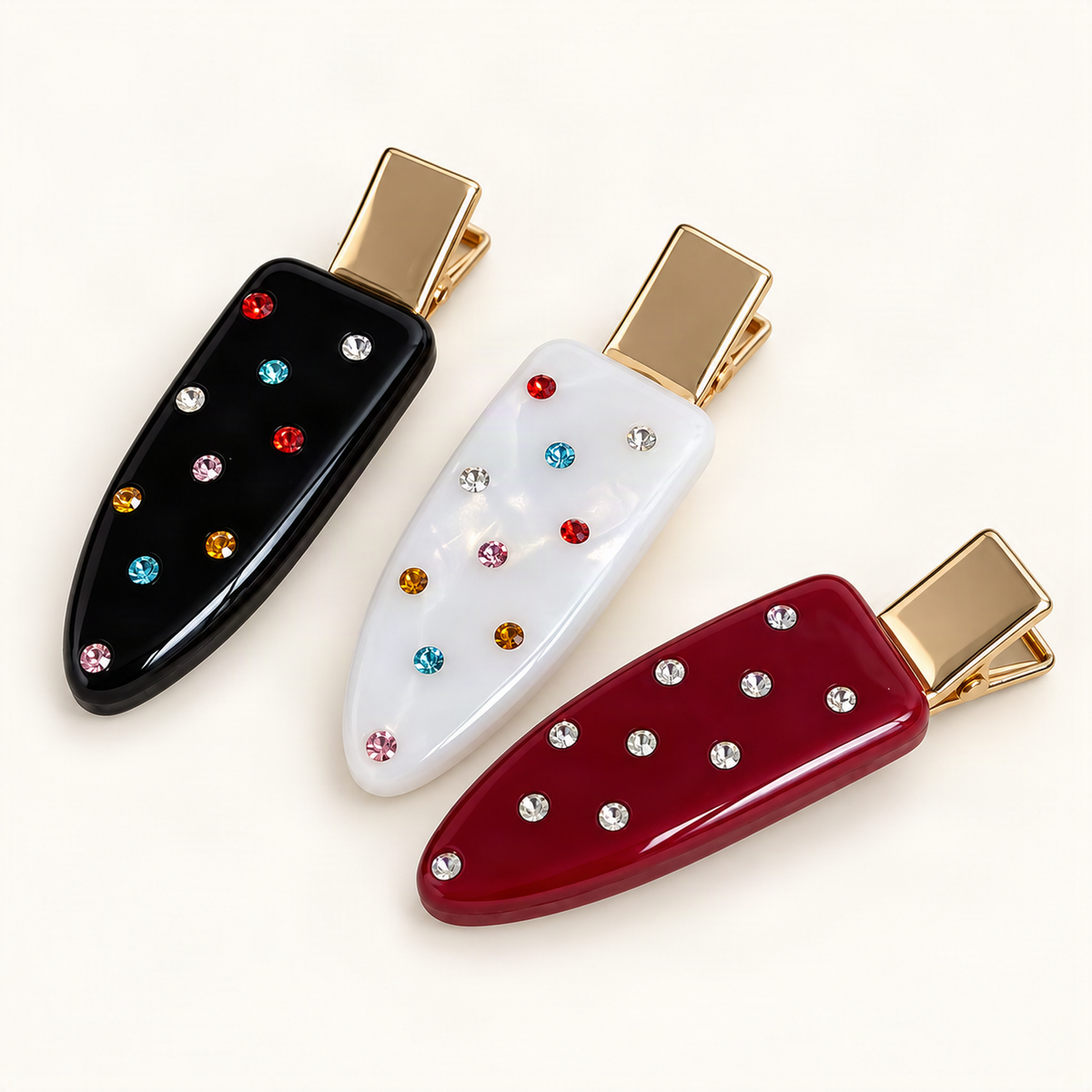 Black, white and red acetate rhinestone side clips on warm ivory [FITINY Hair]