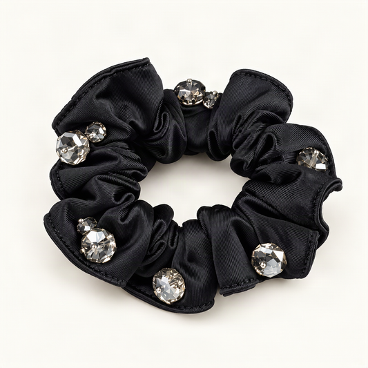 Satin Scrunchie with Crystal Bead Accents — black satin and crystal beads, alternate angle [FITINY Hair]