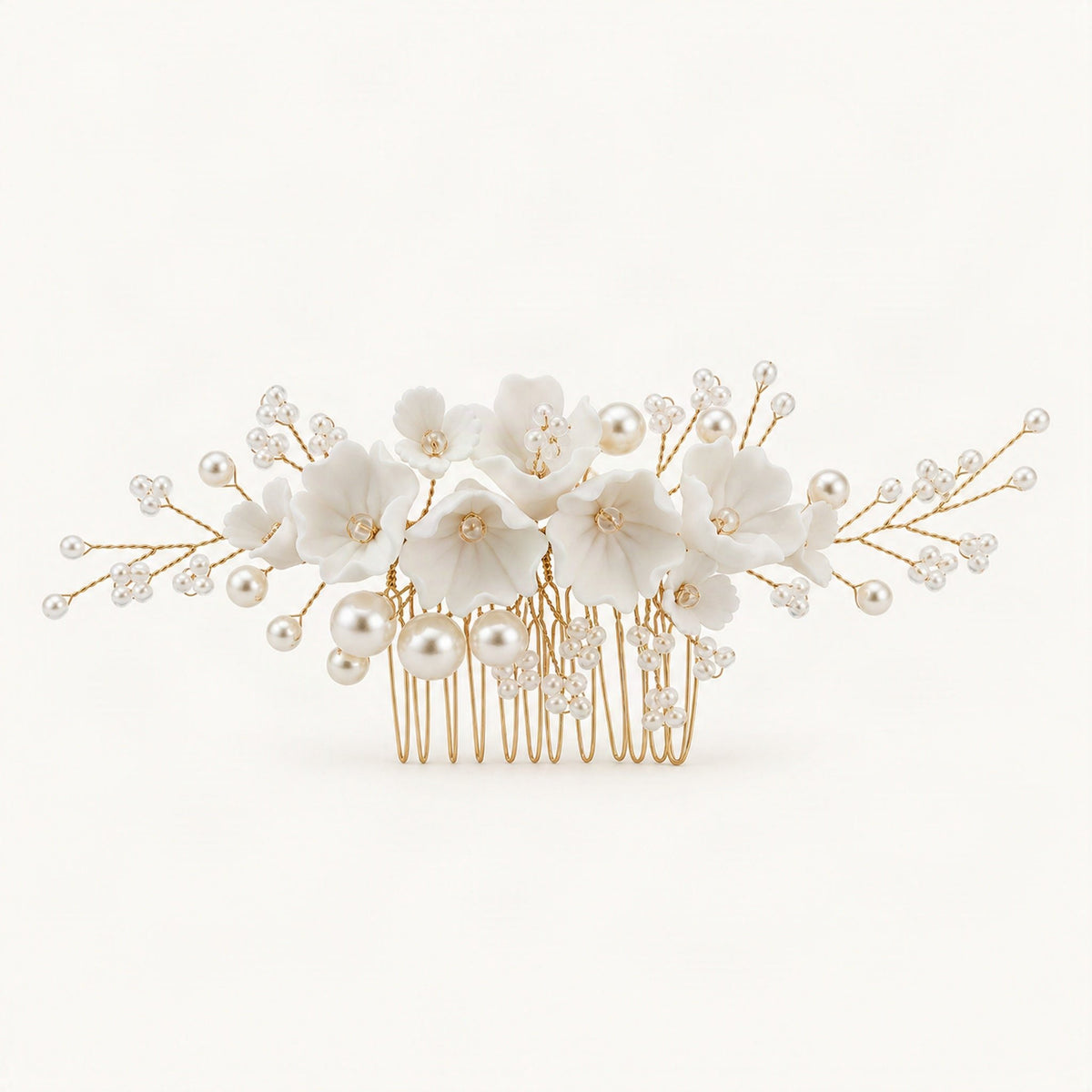 Gold sculpted floral pearl comb front [FITINY Hair]