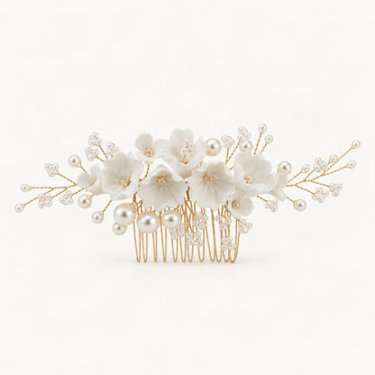 Gold sculpted floral pearl comb front [FITINY Hair]