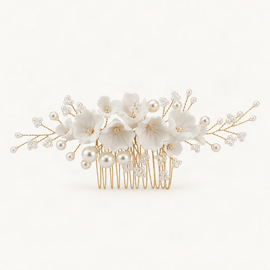 Gold sculpted floral pearl comb front [FITINY Hair]
