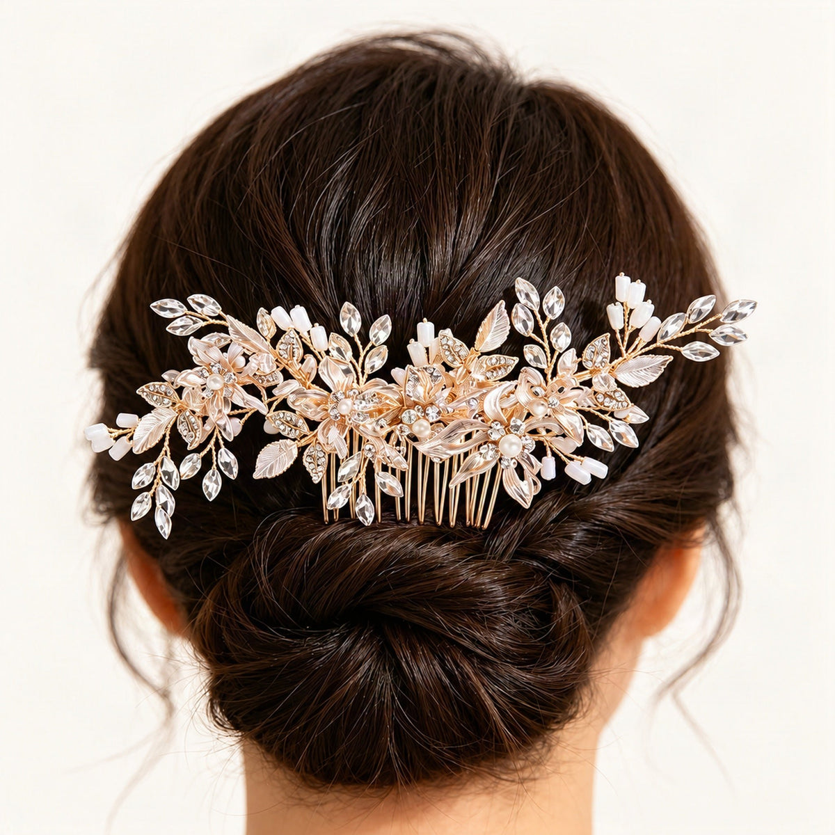 Gold floral bridal comb rear worn view no face [FITINY Hair]