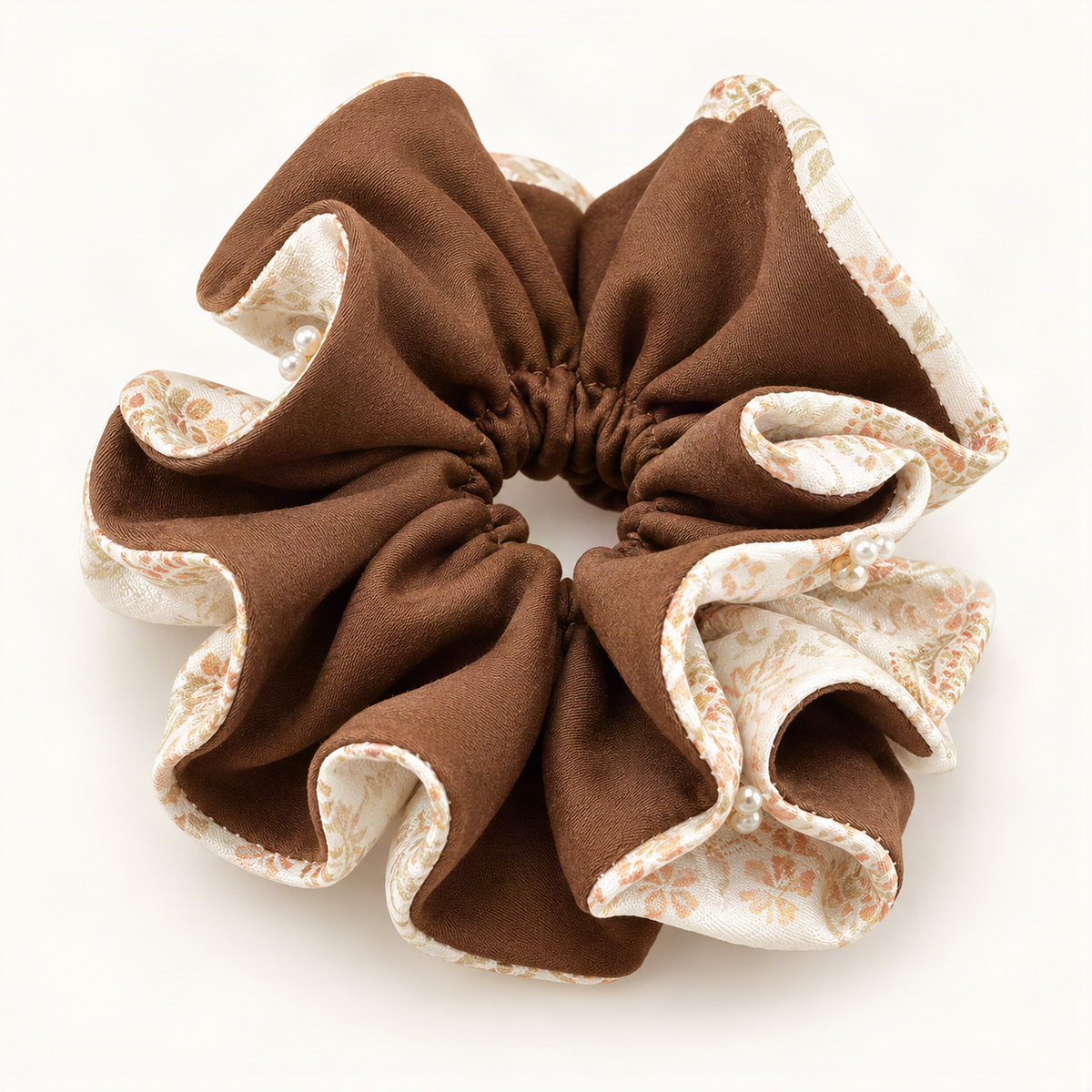 Fabric Double-Layer Ruffle Pearl Scrunchie — brown and floral double-layer scrunchie, reverse angle [FITINY Hair]