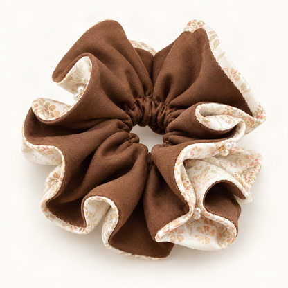 Fabric Double-Layer Ruffle Pearl Scrunchie — brown and floral double-layer scrunchie, reverse angle [FITINY Hair]